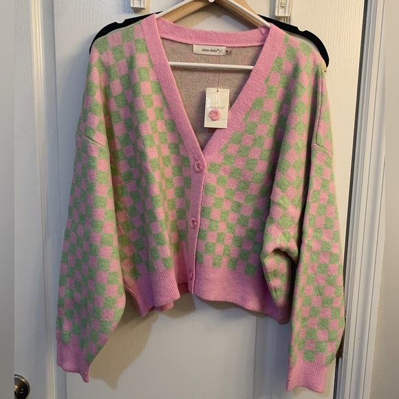 Idem Ditto Sweaters - Idem Ditto Pink Green Checkered Preppy Grandma Cardigan Sweater Size M/L NWT